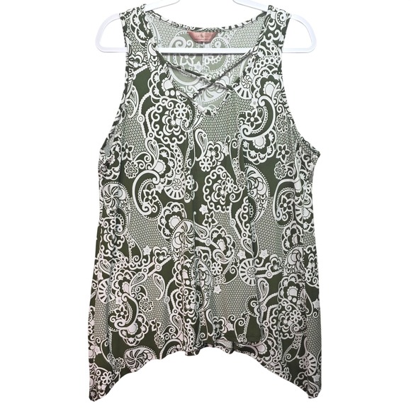 SJS Tops - SJS Tank Top Womens 2X Green Paisley Lattice Vneck Sharkbite Hem USA Textured